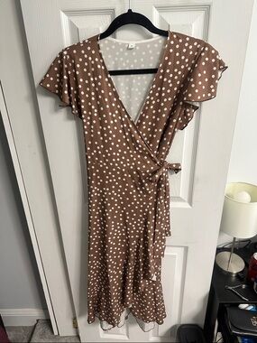 Amazon Brown Polka Dot Wrap Midi Dress with Tie